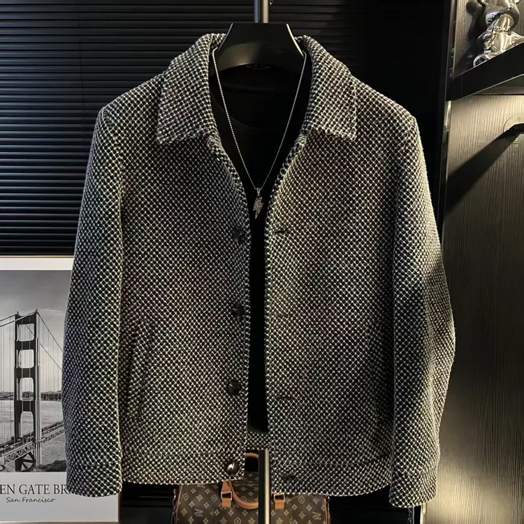 {潇潇}-轻奢毛呢外套男短款翻领格子男士夹克韩版潮流男装