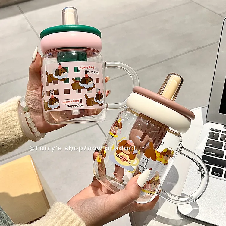 高颜值吸管高硼硅玻璃杯儿童加厚办公室家用茶水分离耐高温防漏杯