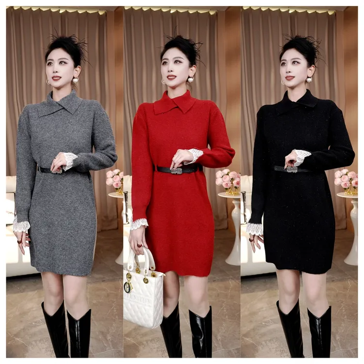 冬装新款巨好看时尚轻奢高级感反领设计显瘦时髦洋气针织连衣裙