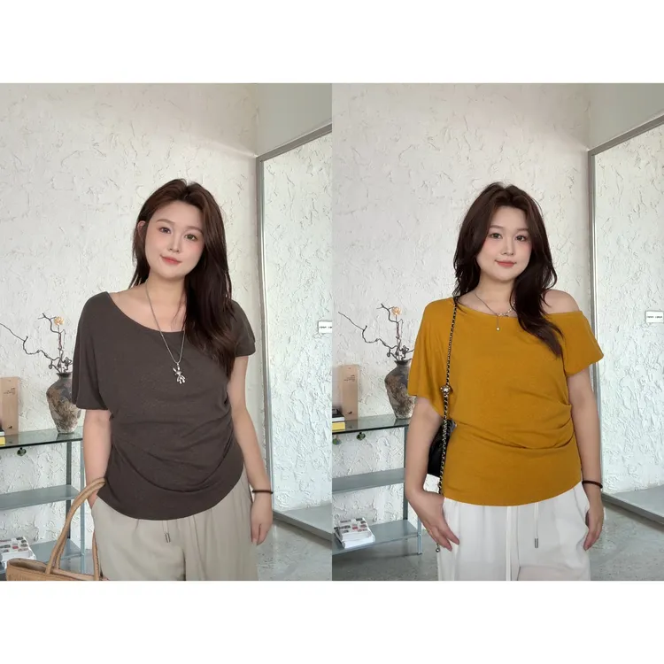 晶咕佳佳【鸢尾呢喃】单边捏褶大领口短袖T恤显瘦夏季百搭纯色淑女