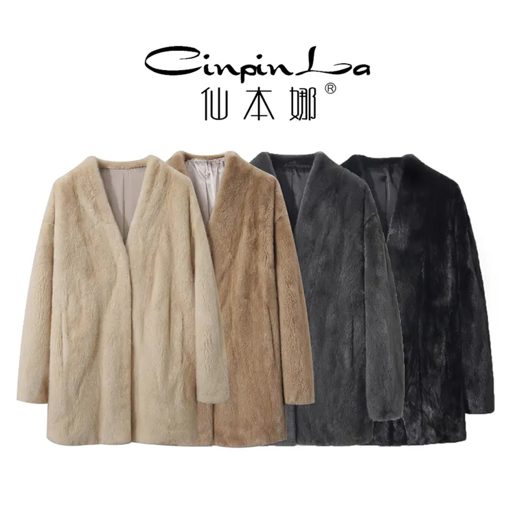 【仙本娜】进口意式米黄水貂皮整貂皮草女外套长款V领女装
