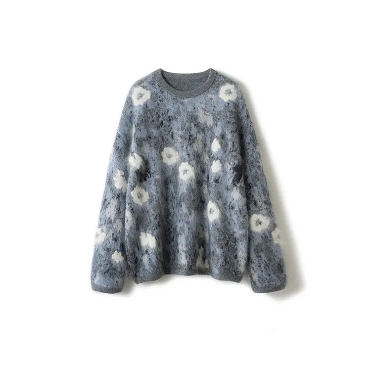 【莫奈花园】山羊绒拉绒针织厚款刺绣花卉加厚宽松休闲女士圆领套头