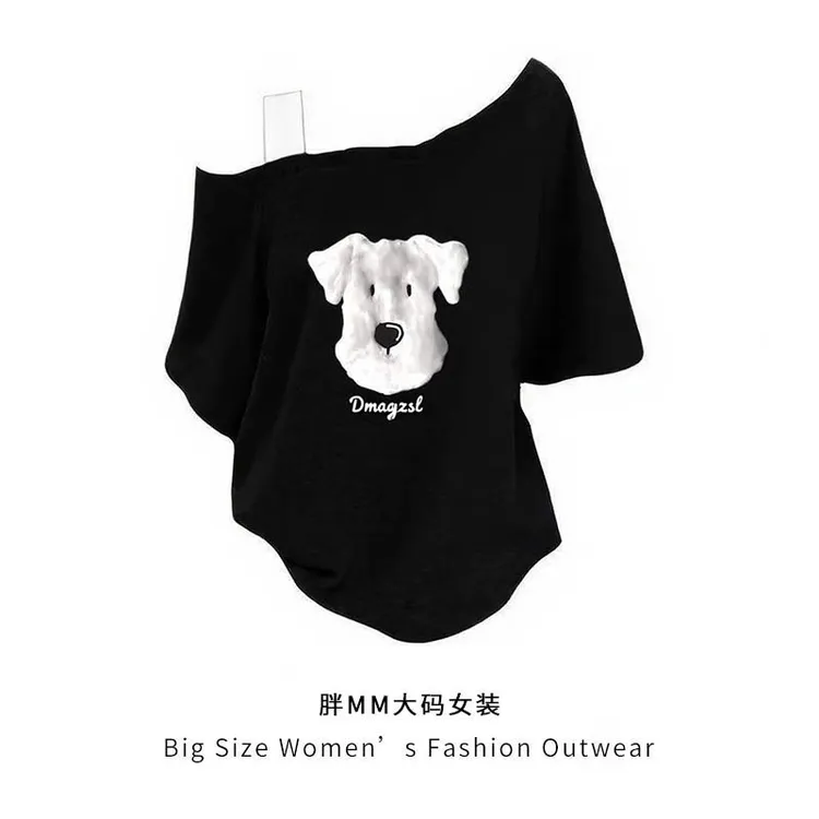 斜肩大码短袖小狗宽松T恤女露肩辣妹百搭上衣黑色休闲卡通可爱