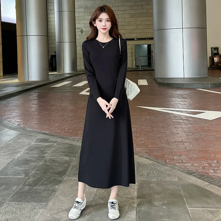 女生韩系ins衣服宽松休闲显瘦长款打底气质连衣裙百搭老钱风女装