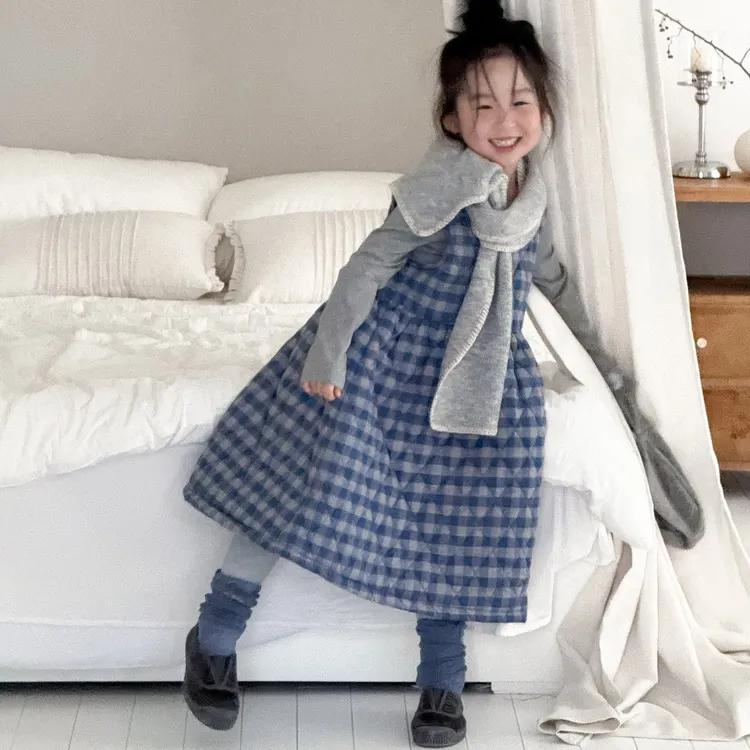 女童套装裙冬季2025冬款加厚连衣裙秋冬季洋气打底衫长款格子裙潮