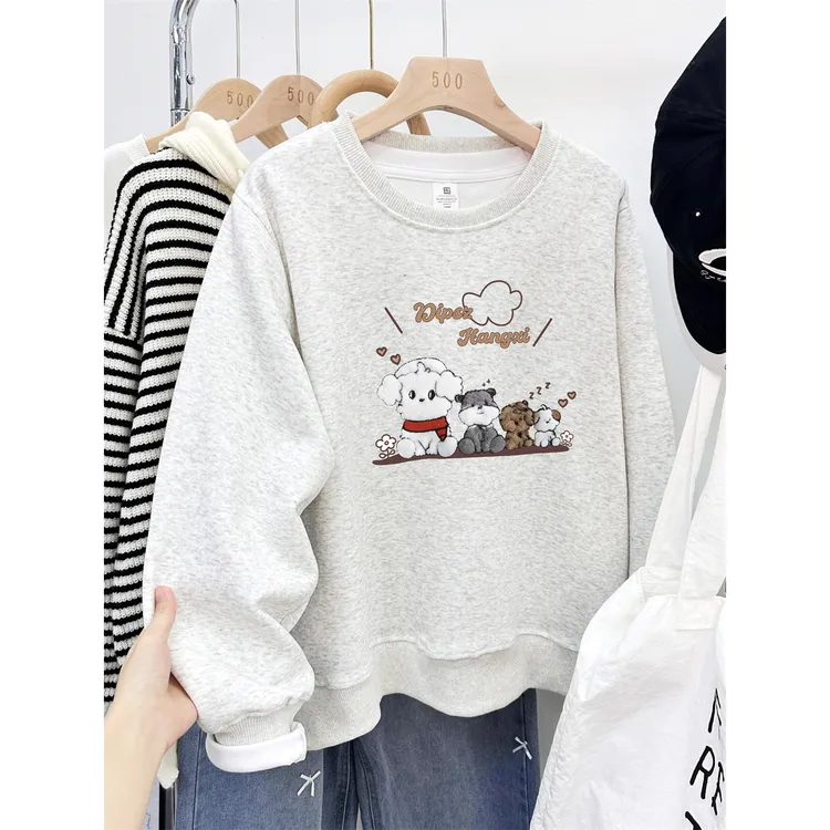休闲圆领正肩卫衣女装2025秋冬新款卡通小狗印花宽松大码加厚上衣