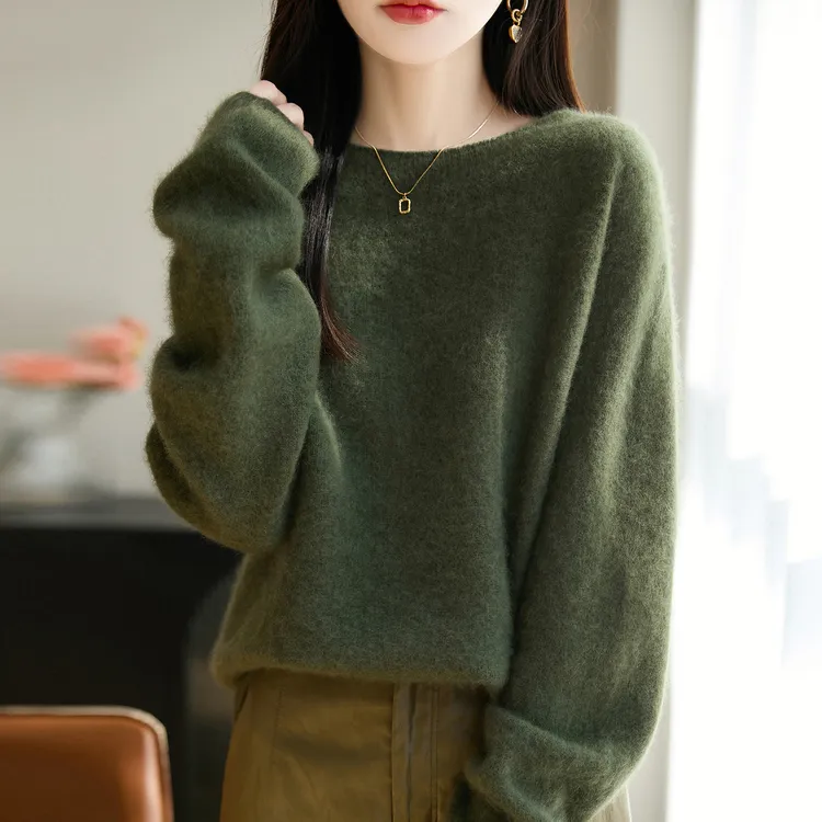 鄂尔斯市100%羊毛衫女秋冬新款撞色宽松慵懒风拉毛毛衣羊绒打底衫