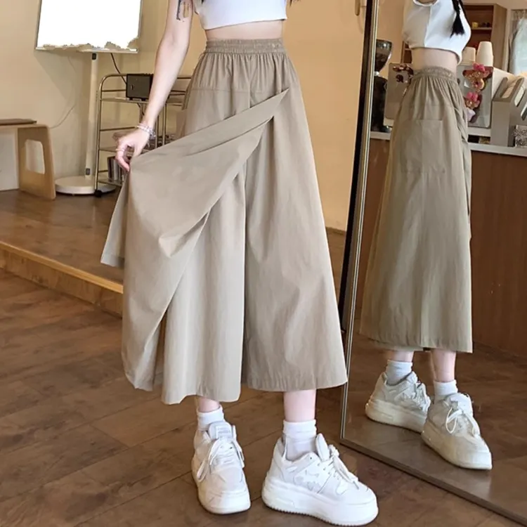 大码女裤2025夏新款山本裤九分裤抖抖裤胖mm宽松阔腿裤假两件裙裤
