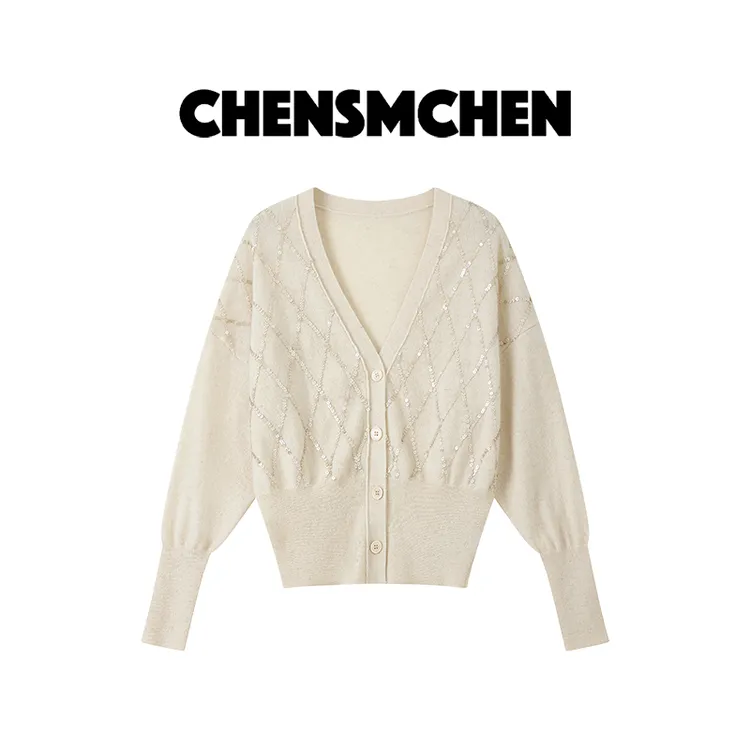 CHENSMCHEN 100绵羊毛针织衫女气质V领珠片内搭毛衣开衫CSZ7470MX