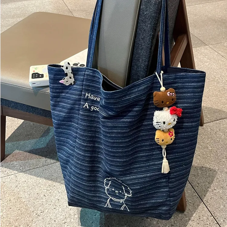 韩系休闲条纹帆布包女2025新款大容量单肩托特包双面背通勤腋下包