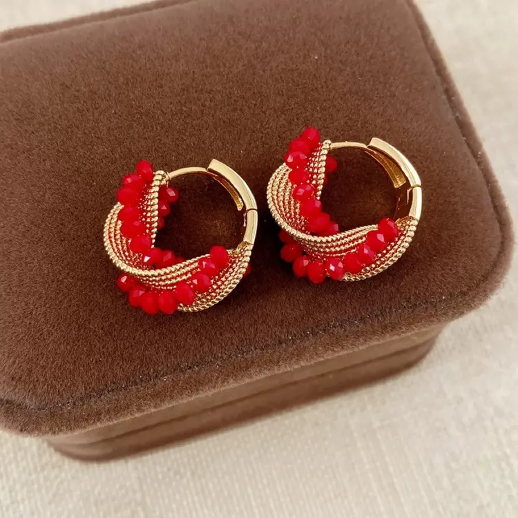 铜合金树脂耳饰 气质新年红色水晶缠绕耳圈小众设计高级感耳饰