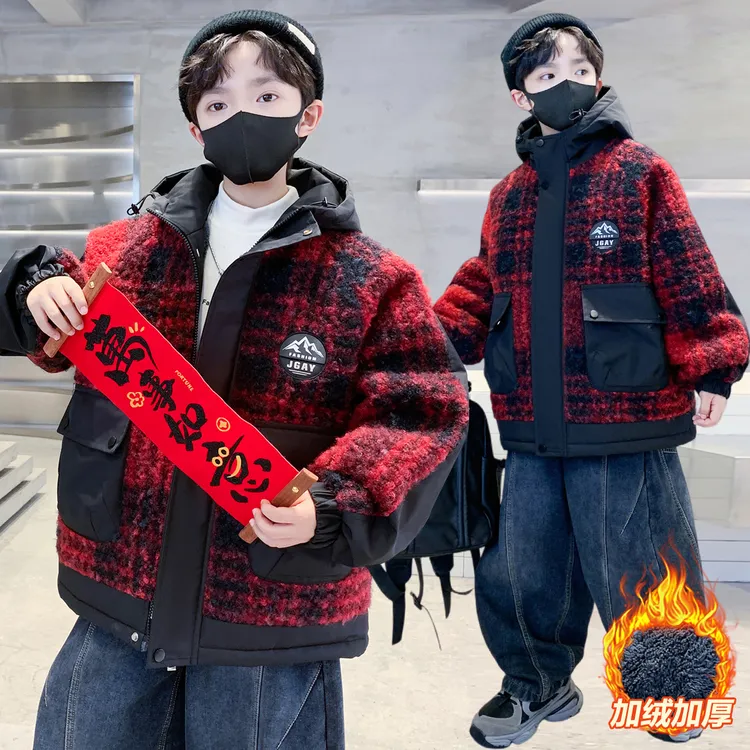 男童冬装加绒加厚外套2025新款儿童红色棉服冬季派克服男孩本命年