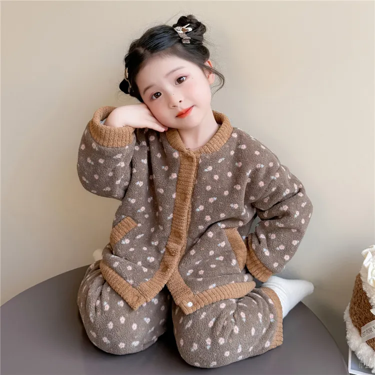 儿童睡衣秋冬季珊瑚绒加厚加绒女宝宝双层开衫套装中小童2025新款