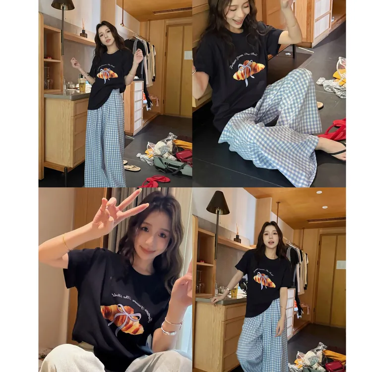 YPP!【牛角面包】蝴蝶结印花短袖T恤宽松显白慵懒风短袖上衣