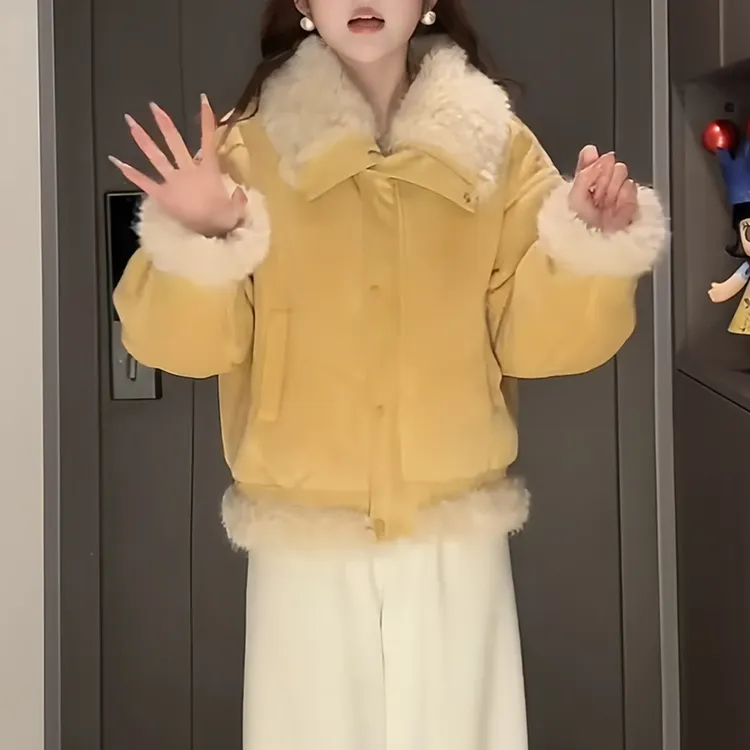 小个子短款翻领拼色长袖棉服外套女2025冬季新款时尚减龄小众衣服