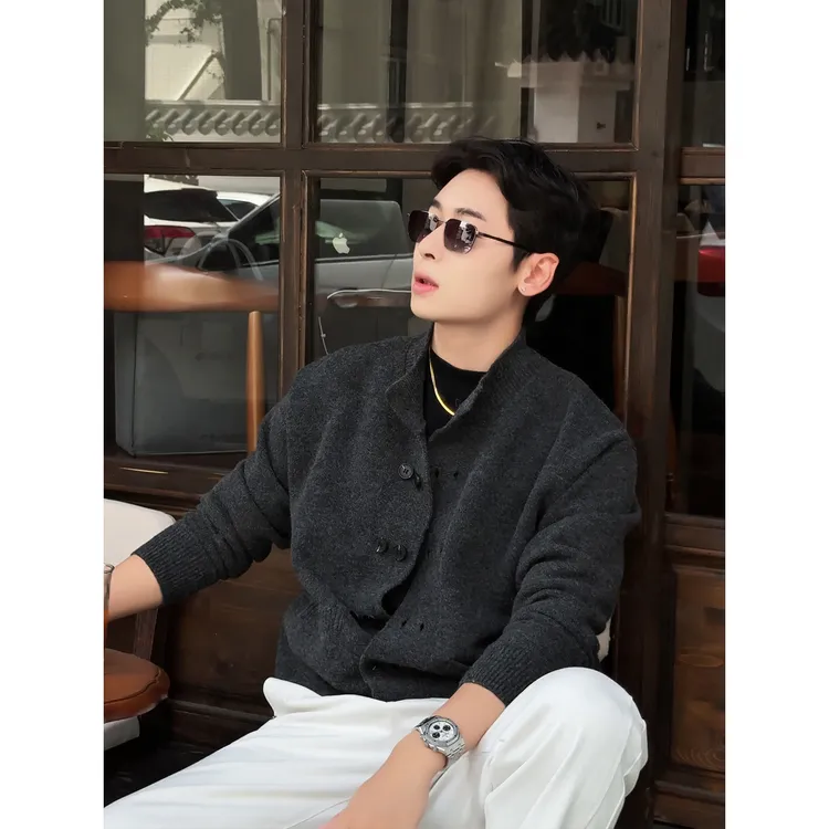 复古老钱风「羊毛混纺绒感开衫」秋冬双排扣立领慵懒男士针织衫外套