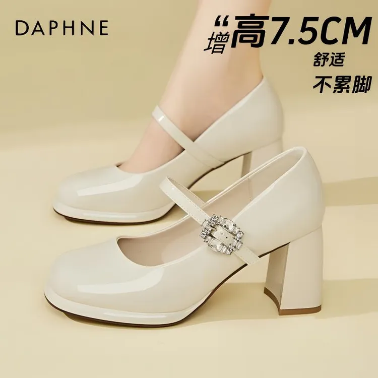 达芙妮法式玛丽珍鞋女2025新款漆皮高跟鞋一字扣带配裙子粗跟单鞋