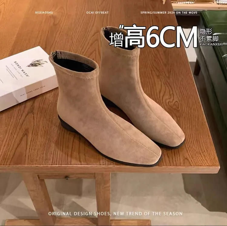隐形内增高切尔西女靴秋季新款显瘦马丁靴方头复古后拉链法式短靴