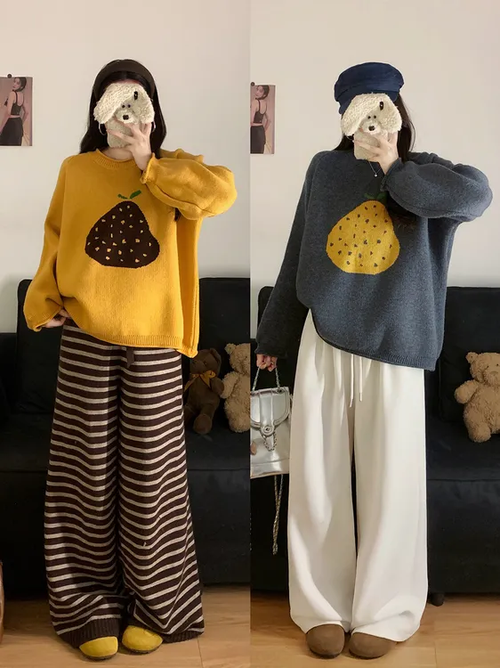 【鸭梨山大】秋冬气质黄色针织灰色毛衣上衣减龄显瘦白色糯米裤套装