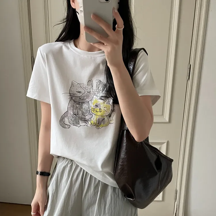 「可爱猫咪 无感印花」赛罗棉短袖T恤女 夏季韩版宽松百搭半袖T130