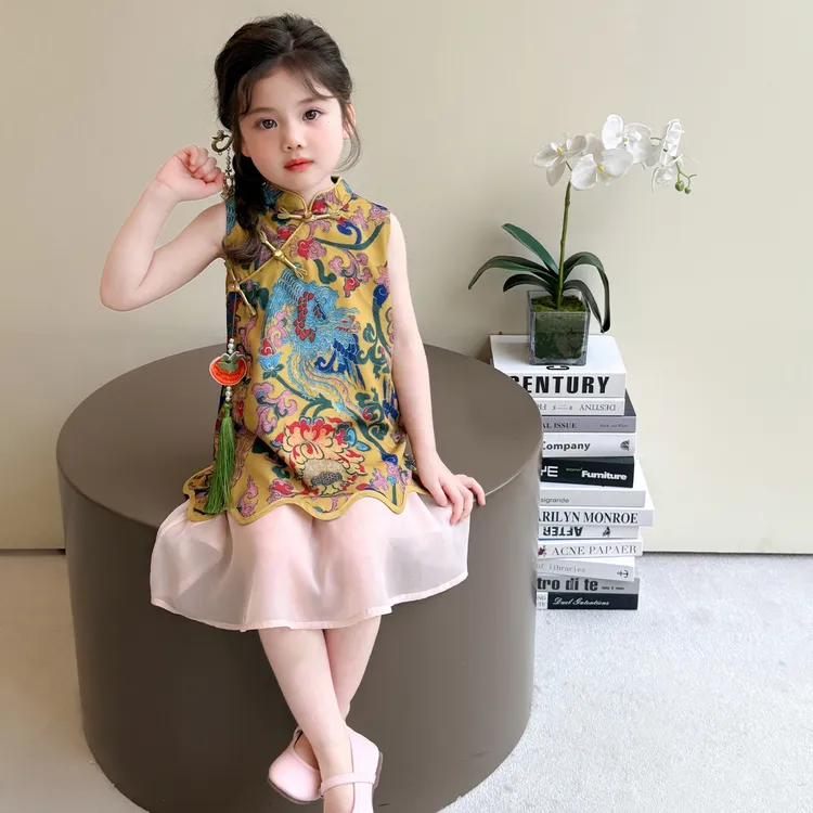 女童新中式无袖旗袍裙2025夏季假两件背心裙国风盘扣连衣裙碎花潮