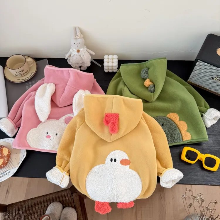 儿童奥粒绒外套加绒加厚韩版保暖洋气秋冬季卡通连帽毛绒小童外套