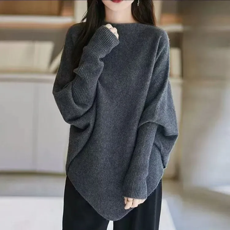 秋冬新款斜肩蝙蝠袖针织T恤女百搭慵懒宽松显瘦设计感长袖上衣