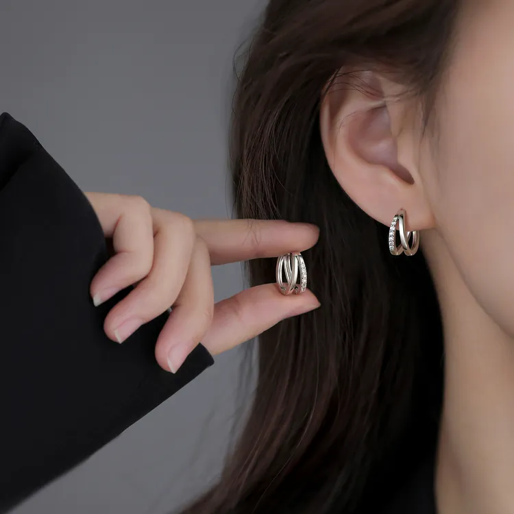 足银耳饰 999银针双层圈圈耳环女时尚个性小众耳圈气质百搭设计感