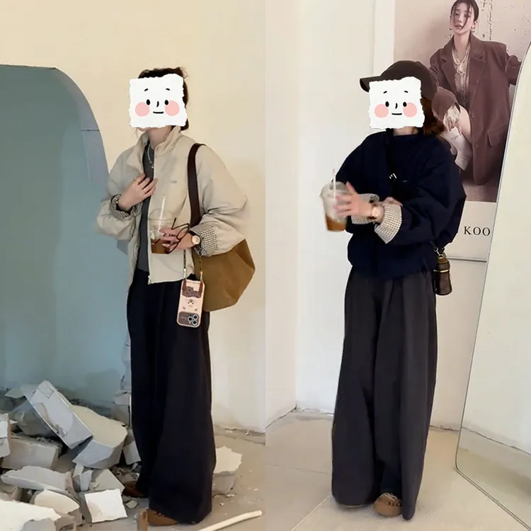 2025韩系休闲简约宽松百搭夹棉上衣搭配休闲阔腿裤显瘦气质两件套