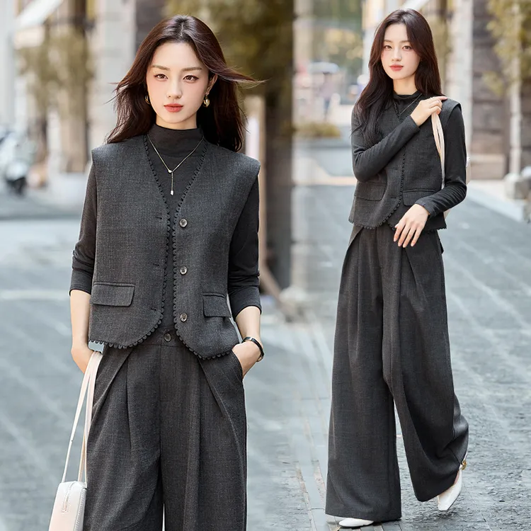 法式气质花边马甲套装女2025春秋新款慵懒风洋气减龄阔腿裤三件套