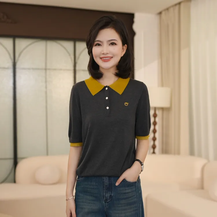 枫竺阿楠anan100莱赛尔撞色Polo领刺绣中袖针织衫女秋季休闲上衣