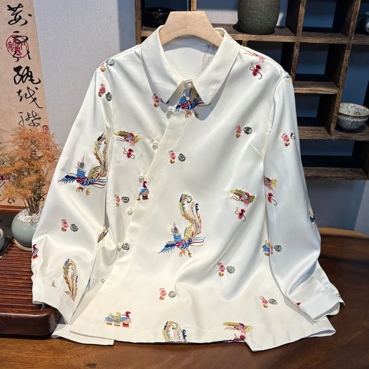 YUEZHE 冬款国风重工刺绣醋酸衬衫女2025新中式衬衣时尚宽松上衣