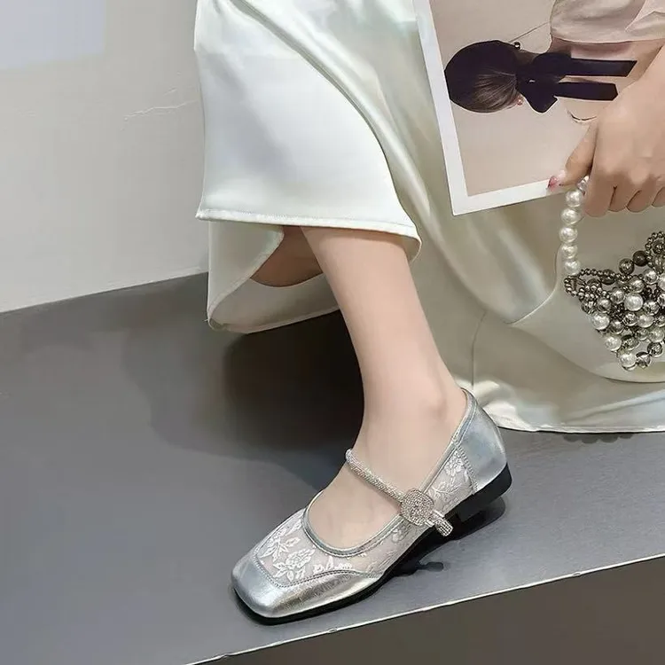 C3642 银色  时尚方头舒适低跟鞋浅口玛丽珍女单鞋 