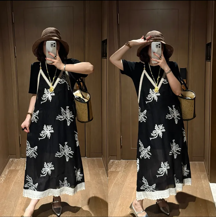 YDFSTUDIO小众【仲夏夜纱】欧货高品重工设计感T恤+刺绣吊带裙套装