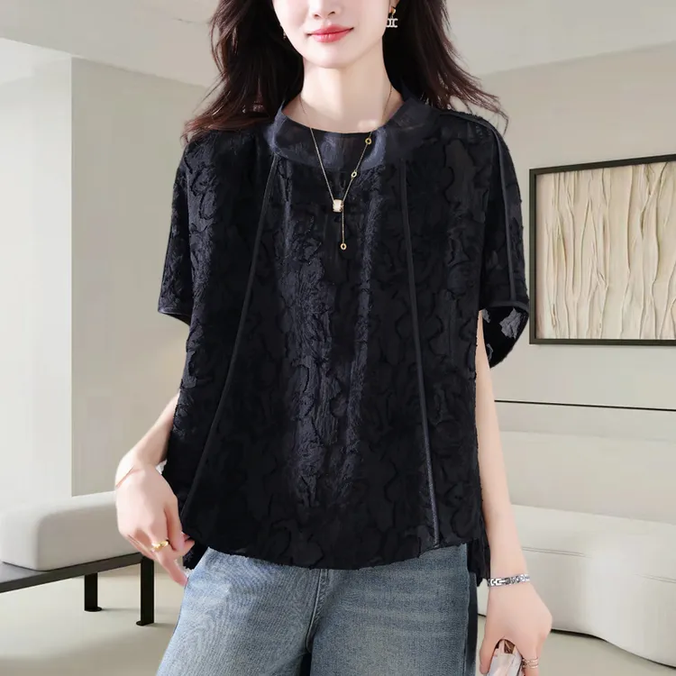 黑色宽松立领短袖雪纺衫纯色夏季款复古国风镂空女装洋气小衫上衣