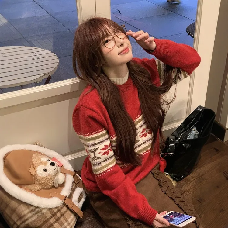 费尔岛红色圣诞毛衣女秋冬季2025新款慵懒高级感内搭外穿针织上衣