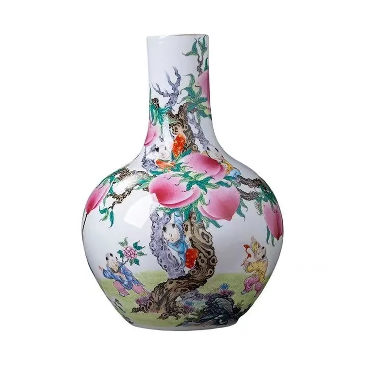景德镇陶瓷摆件金青霞粉彩九桃天球瓶高档花瓶玄关客厅插花摆件