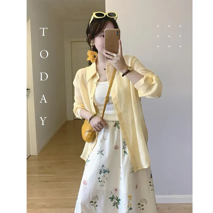 2025夏季新款法式田园风穿搭黄色防晒衬衫高腰碎花半身裙两件套女