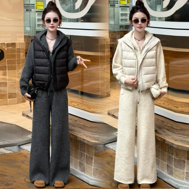 时尚套装女2025秋冬新款洋气显瘦棉马甲连帽开衫阔腿裤休闲三件套