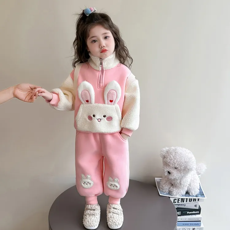 女童秋冬季加绒套装2025新款儿童卡通兔子卫衣洋气宝宝加厚两件套