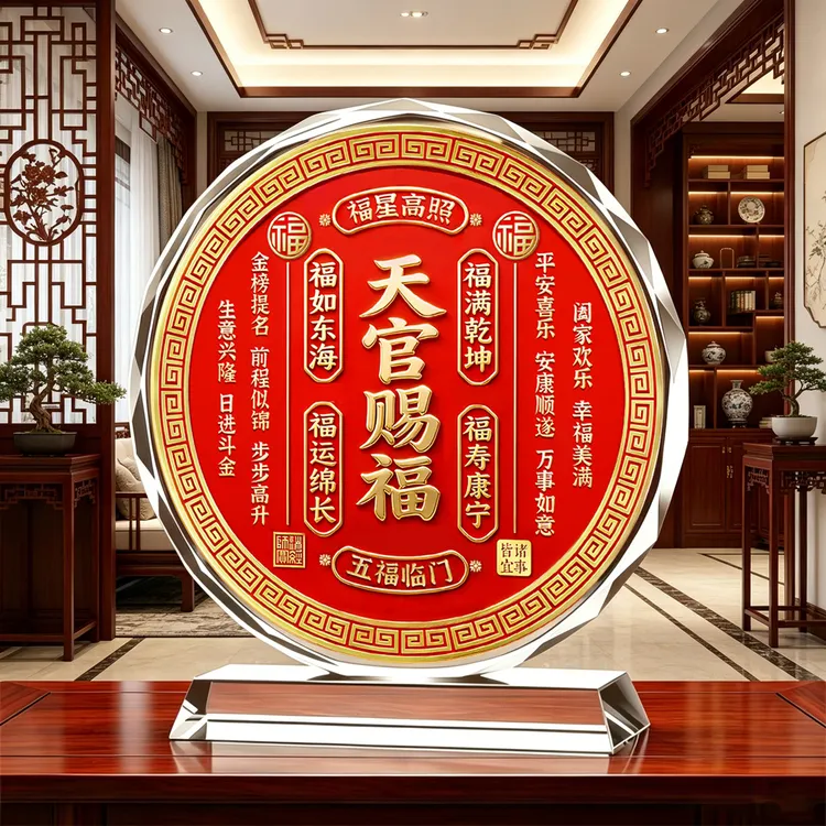 天官赐福高档水晶摆件卧室客厅玄关办公室装饰画乔迁新居礼物摆台