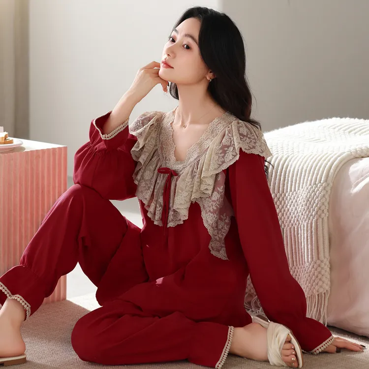 睡衣女款爆款2025新款长袖长裤纯棉套装春秋红色蕾丝本命年家居服