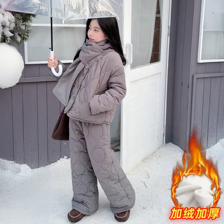 女童2025冬季新款时尚简约围巾棉衣外套中大童松紧腰显瘦棉服套装