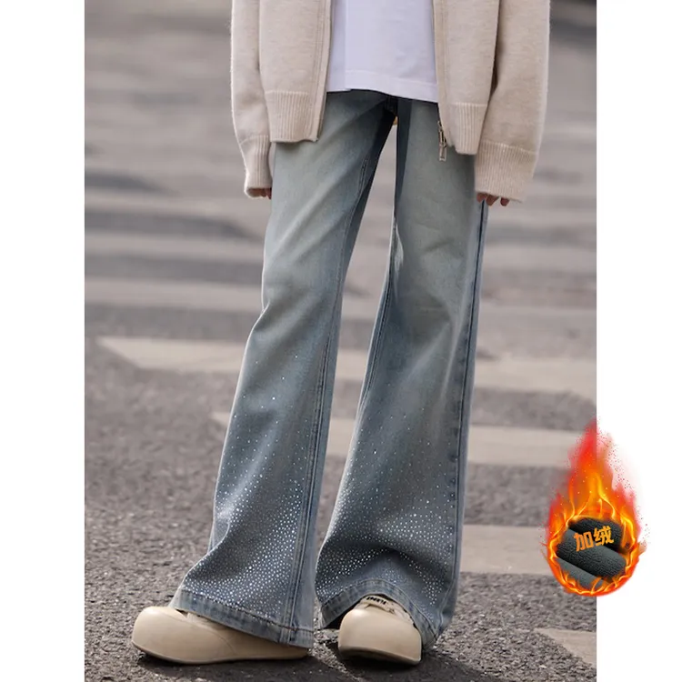 2430女童新年加绒牛仔裤秋冬款新款爆款大女孩洋气时髦烫钻直筒裤