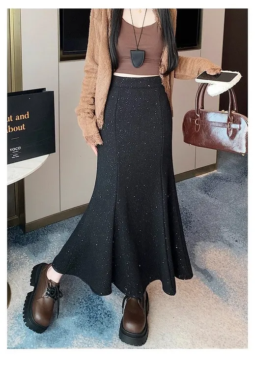 【春秋】小个子鱼尾裙女通勤装半裙黑色亮闪闪高腰显瘦垂感包臀裙子