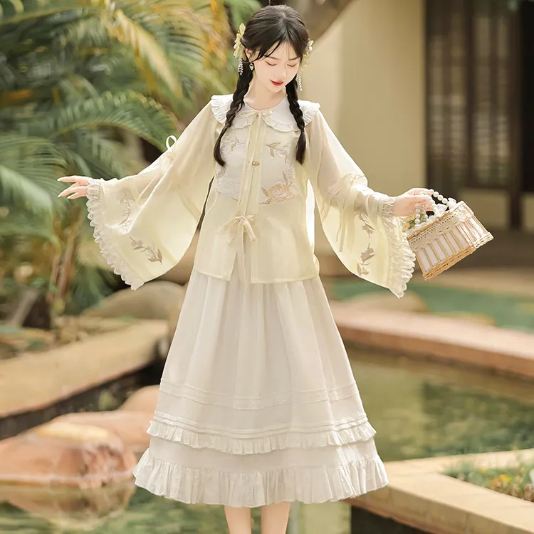 春意森森原创汉服女汉洋折衷刺绣圆领衫连衣裙国风汉元素春夏套装