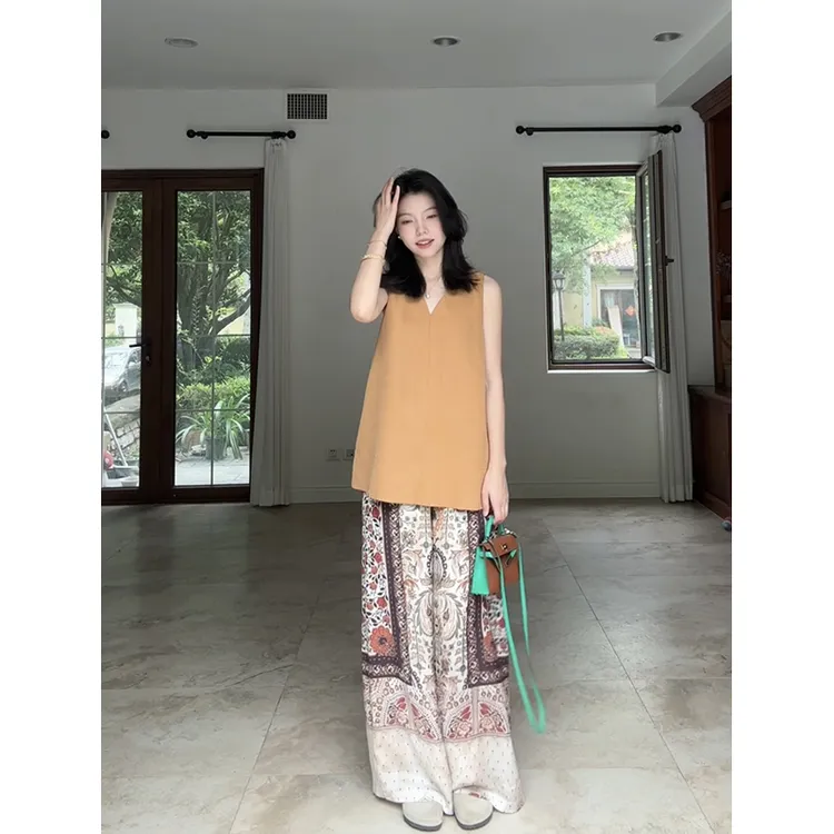 郭九九呢 天丝亚麻简约V领无袖上衣老钱风显瘦阔腿裤 G925A06672