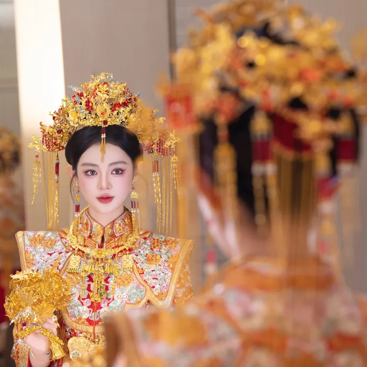 合金婚庆饰品 奢华新娘中式新款金色流苏大凤冠大气古典饰品90112