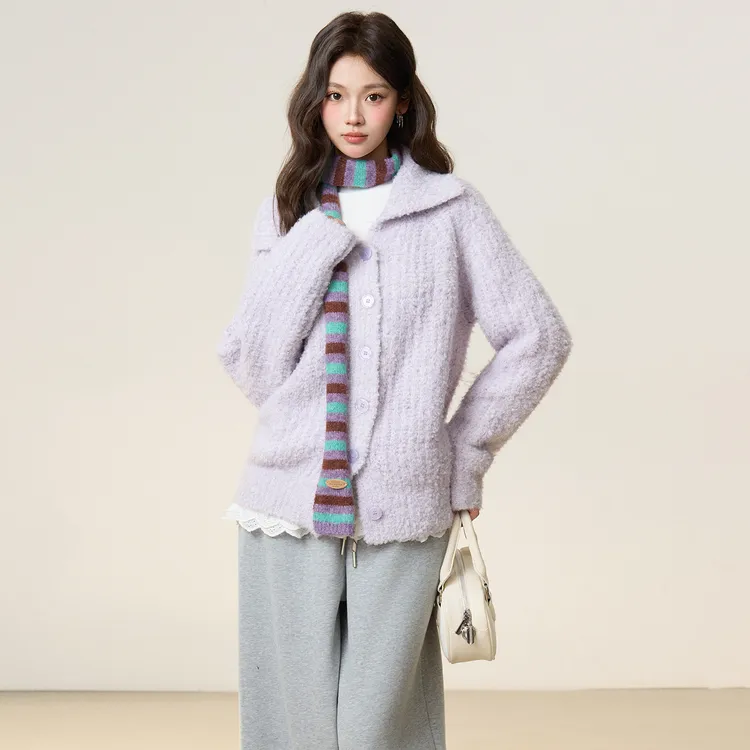 紫色羊羔毛翻领加厚慵懒高级感针织毛衣外套长袖秋冬季开衫上衣女