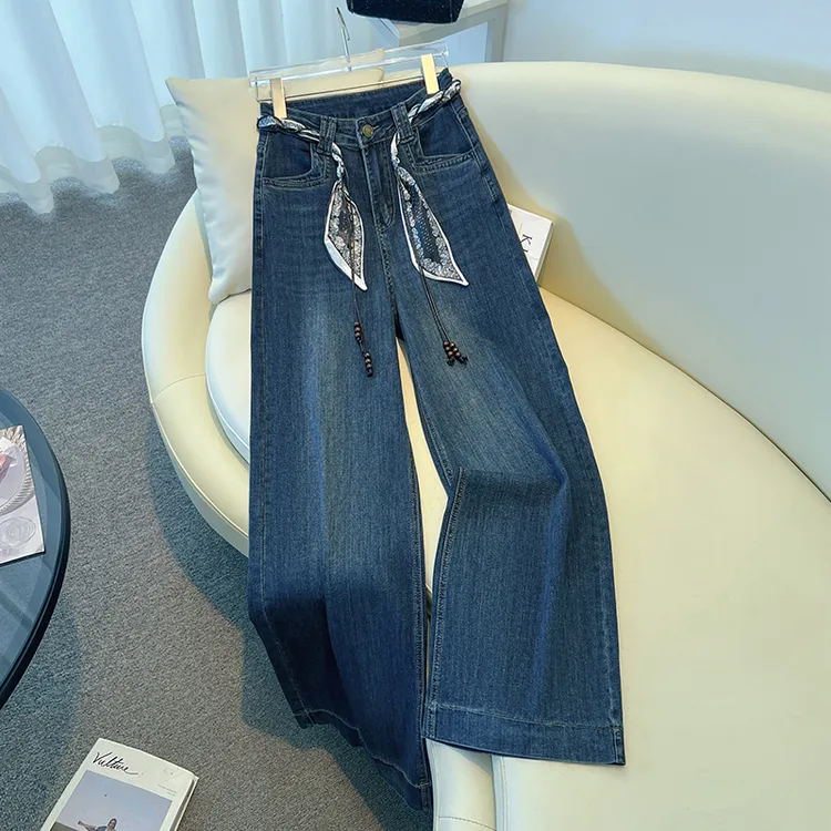 拉夏贝尔高腰直筒牛仔裤女早秋季2025新款爆款复古宽松阔腿拖地裤